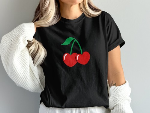Cute Cherries Graphic T-Shirt, Red Cherris Heart Design Tee, Sweet Fruit Lover S - Picture 2 of 7