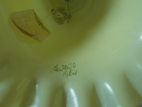 Westmoreland Glass Yellow Satin with clear satin handle ruffled bottom bell. HP - Picture 5 of 5