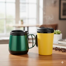 2 Foam Insulated Thermo Serv Travel Coffee Mugs 1 Yellow 34oz 1 Green 20 oz Wide