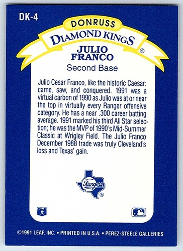 1992 Donruss Diamond Kings Julio Franco Texas Rangers #DK-4 - Picture 2 of 2