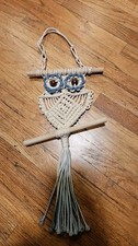 Vintage Macrame Owl Wall Hanging White Blue