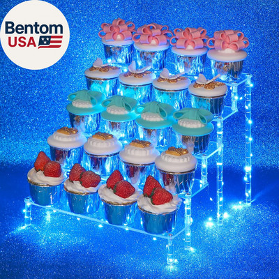 5 Tier Acrylic Risers with Blue LED Light - Acrylic Display Stands for Counterto