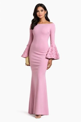 NWT CHIARA BONI LA PETITE ROBE Iva Bell Sleeve Trumpet Gown Winter Rose 4 $1200