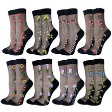 8 Pairs Women Sheer Mesh Socks Summer Transparent Thin Fishnet Floral Lace