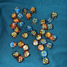 Dice D6 Set Of 36 Swirled Dice 12mm Blue And Orange W/Yellow Pips 40K D&D 
