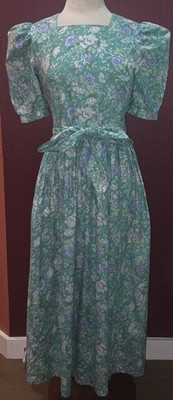 VINTAGE LAURA ASHLEY FLORAL COTTAGE CORE TEA DRESS UK MADE COTTON US 6 PUFF SLV