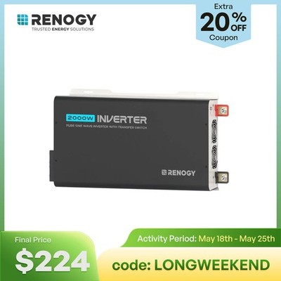 Renogy 2000W 12V Pure Sine Wave Inverter W/ UPS Transfer Switch and Built-in BT