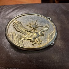 Vintage western oval belt buckle gold tone flying eagle with Starburst, NICE 