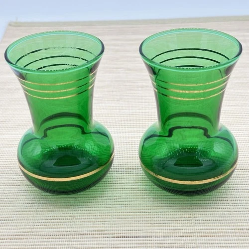 Set of 2 Anchor Hocking Forest Green Vases Gold Trim MCM Vintage Glass