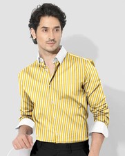 Lemon Yellow and White Candy Stripes Cotton Shirt Formal Designer Regular Fit S