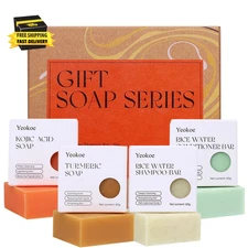 Turmeric Soap Bar and Rice Water Shampoo Conditioner Bar Set,Kojic Acid for Body