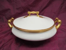 Antique PL LIMOGES France M. Redon White Porcelain & gold round casserole