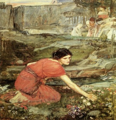 029 John W Waterhouse - Maidens picking flowers by a stream (study) c.1911