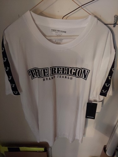 TRUE RELIGION with Horseshoe Logo Striped Sleeves Optic White Large T-Shirt NWT - Picture 4 of 14