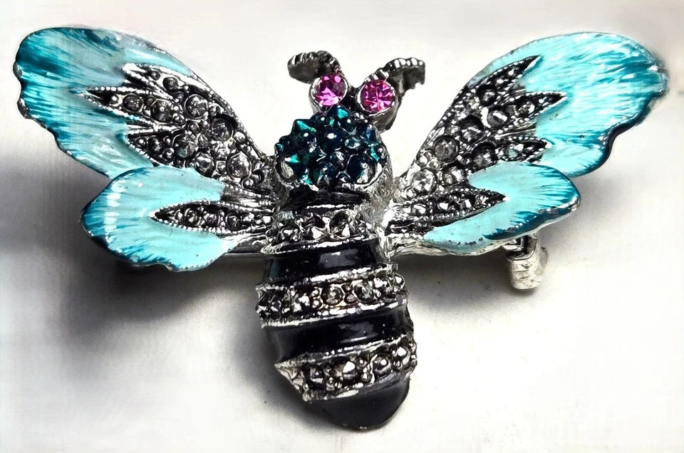 Prendedor/broche vintage de marcasita plateado esmalte azul y negro abejorro ojos rosas Foto 2 de 4