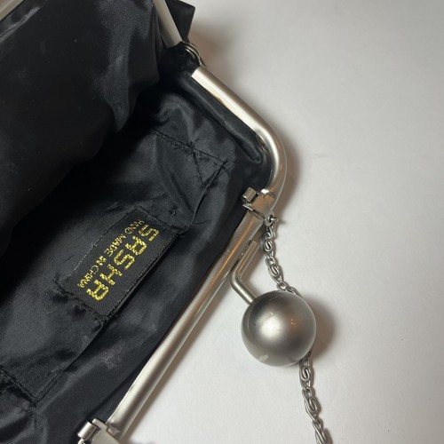 Black Silver Satin Sasha Clutch Purse Evening Prom Handbag Chain Strap - Picture 6 of 7