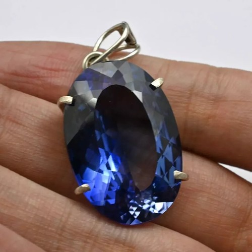 30 CT Naturale Zaffiro Blu Certificato Taglio Ovale 925 Solido Argento Pendente - Foto 5 di 6