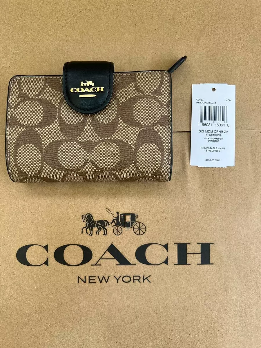 NWT Coach Medium Corner Zip Wallet Signature Canvas Gold/Khaki/Black C0082