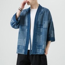 Japanese Men Top Shirt Kimono Open Front Denim Coat Cardigan Casual Retro Style