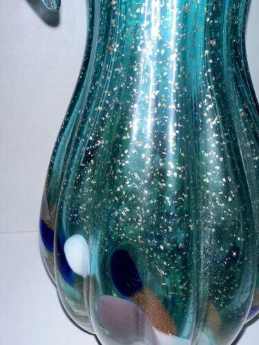 Vintage Krosno mundgeblasenes Glas Jack in Kanzel Glitzer türkis blau-grün große 13" Vase - Bild 15 von 15