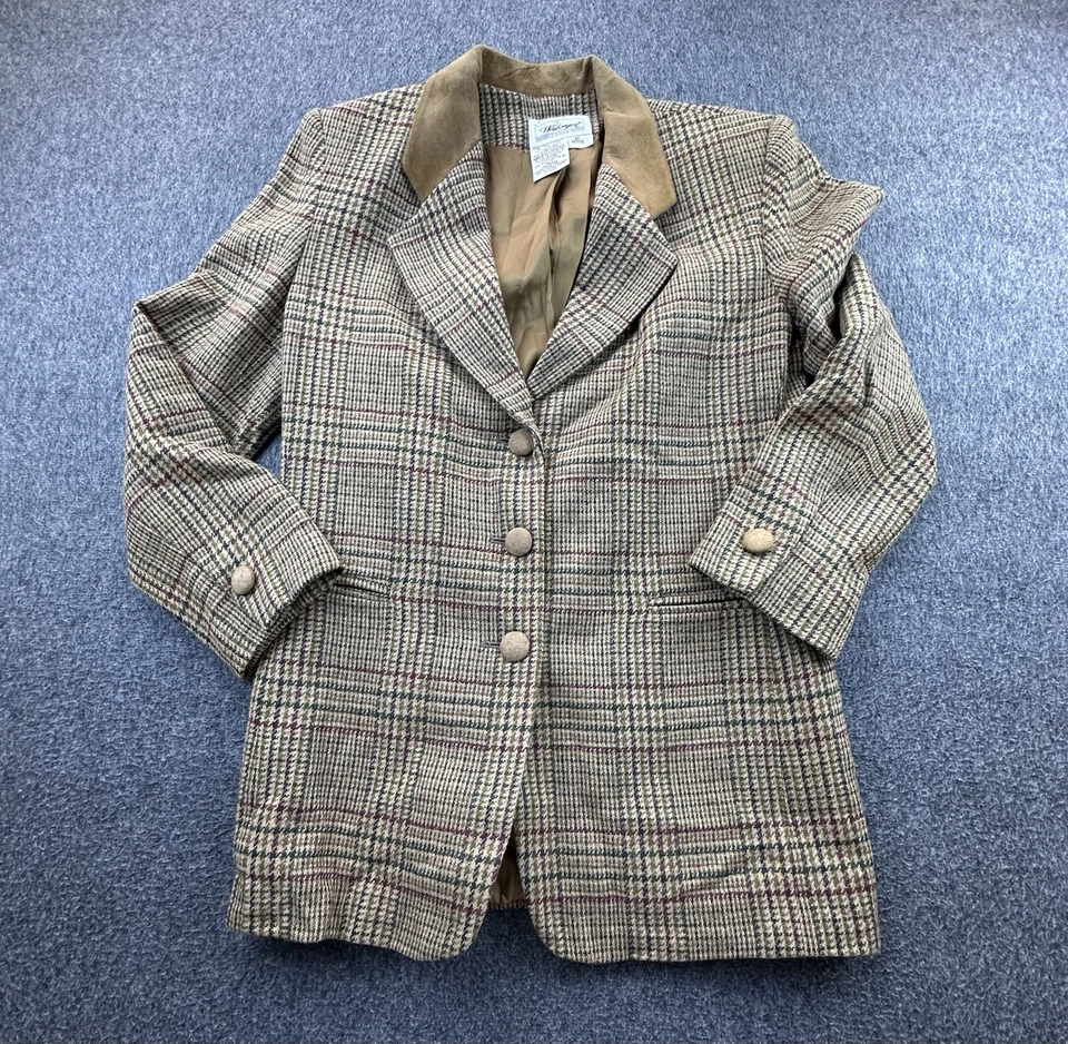 Blazer feminino vintage Worthington 6P marrom pequeno xadrez lã tweed terno jaqueta - Imagem 2 de 4