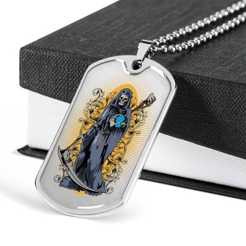 Santa Muerte Heiliger Tod Halskette Erkennungsmarke Edelstahl oder 18k Gold 2 - Bild 3 von 10