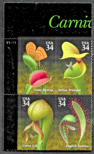 CARNIVOROUS PLANTS US 3528-3531 VENUS FLY TRAP COBRA LILY PLATE BLOCK 34c STAMPS