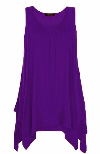 Women Ladies Hanky Hem Sleeveless Flared Jersey Long Tunic Flared Swing Vest Top - Picture 4 of 24