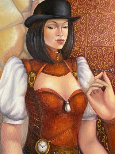 Grande Quadro Olio Originale Alice Cappellaio Matto Uomo Donna Surrealismo Ucraina 60cm - Foto 2 di 12