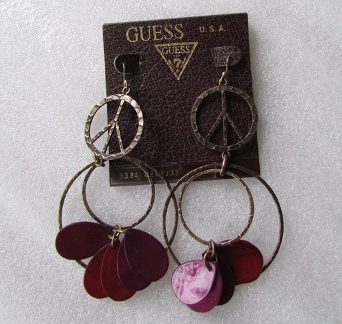 GUESS Drop Earrings Peace Sign Layered Hoops Teardrop Shape Charms New - Picture 2 of 12