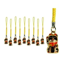10 LUCKY GOLD CAT BELL CHARMS Kitty Maneki Neko Brass Hanging Phone Strap Set