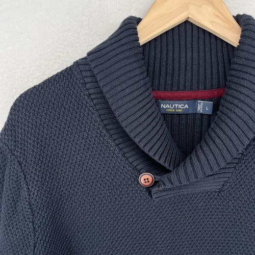 NAUTICA Pullover Herren L Schalkragen Thermo Ripppullover Pulli Baumwolle blau - Bild 6 von 13