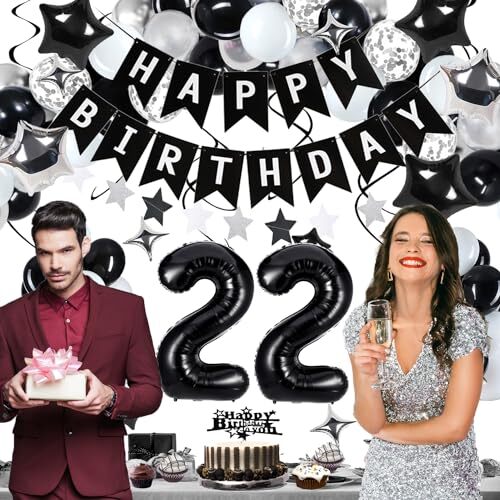 nd Birthday Decorations for Men Women, Black White and Silver Happy Birthday 22 - Picture 7 of 8
