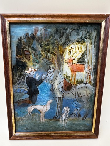 Tableau fixé sous verre représentant l'apparition du cerf à la croix à St Hubert - Photo 6/7