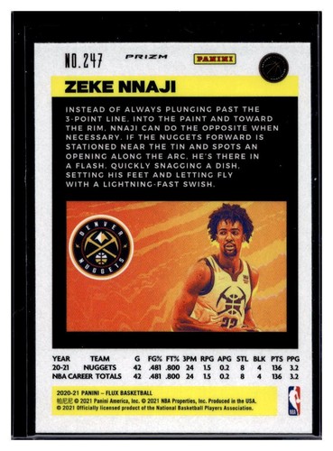 2020-21 Panini Flux Silver Cracked Ice Prizm #247 Zeke Nnaji RC Fanatics Qty - Picture 2 of 2