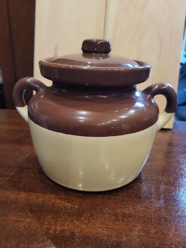 Vintage McCoy Pottery Bean Pot 341 With Handles And Lid #341 Tan & Brown