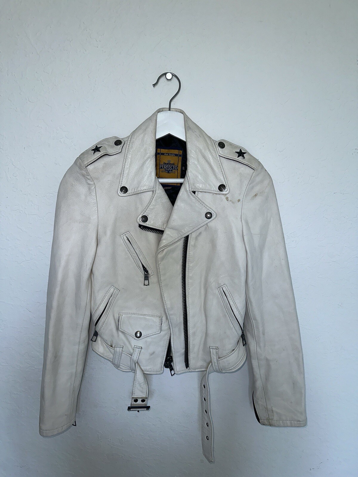 Chaqueta de Motociclista de Cuero Perfecto Schott De Colección Cuero Blanco Hecha en EE. UU. Talla XS