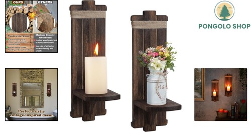 Wall Candleholder Rustic Wooden Set 2 Handcrafted Vintage Home Decor Accessories - Picture 2 of 8