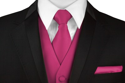 Men's FUCHSIA SATIN FORMAL TUXEDO VEST, TIE, HANKIE SET  Wedding Prom Homecoming