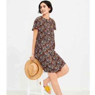 Loft Pintucked Paradise Jungle Print Tie Side Dress Buttons Novelty Sz S