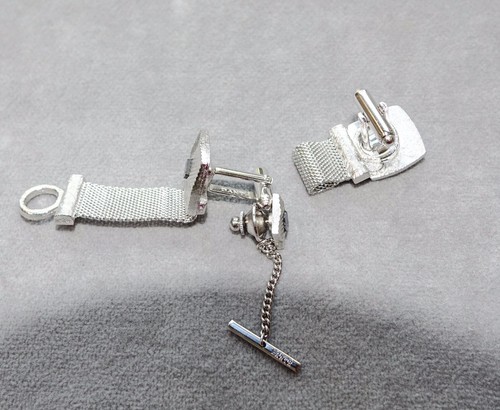VTG Dante Blue Sodalite Gemstones~Silvertone Wrap Around Mesh Cufflinks~Tie Tack - Picture 5 of 6