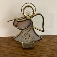 Gold Tone Metal Stained Glass Free Standing Angel Figurine With Flute 4    Tall