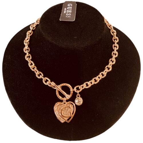 GUESS Rose Gold-Tone toggle pave crystal Heart Pendant Necklaces 17” - Picture 3 of 6