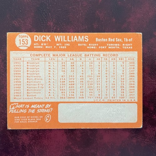 1964 Topps Set DICK WILLIAMS #153 BOSTON RED SOX - VG-EX - Picture 2 of 2