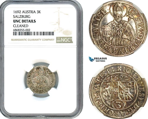 AJ224, Austria, Salzburg, John Ernest of Thun, 3 Kreuzer 1692, NGC UNC Det.