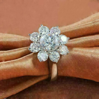 2Ct Round Cut Diamond Flower Halo Engagement Wedding Ring 14k White Gold Finish
