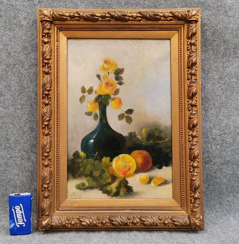 OBRAZ OLEJNY 19. Jh. Kwiaty martwa natura z owocami Nieznany malarz sygnowany 46x30cm - Zdjęcie 2 z 17