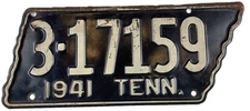 Vintage 1941 Tennessee Auto License Plate 3-17159 Knox County Garage Pub Decor