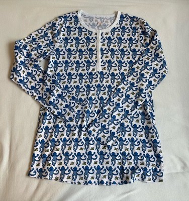 Roller Rabbit Blue Monkey Print Pajama T Shirt Snap Neck Sz S Long Sleeved