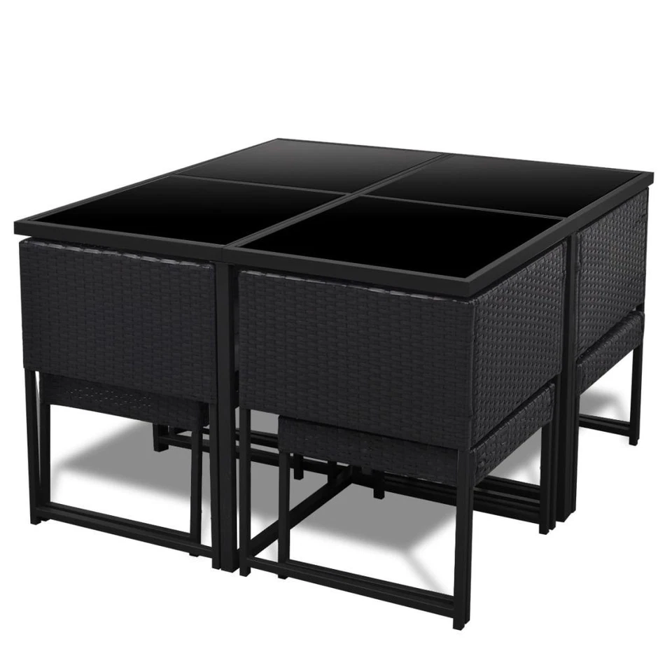 Outdoor Dining Set 9pc Black PE Rattan Powder-Coated Steel Glass 109x109x72cm UK - Image 4 of 4